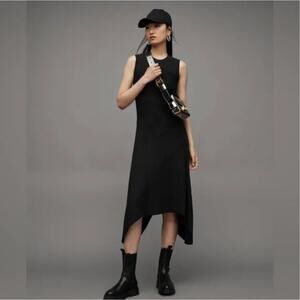 All Saints Gia Asymmetrical Hankerchief Black Cotton-Blend Midi Dress US 8
